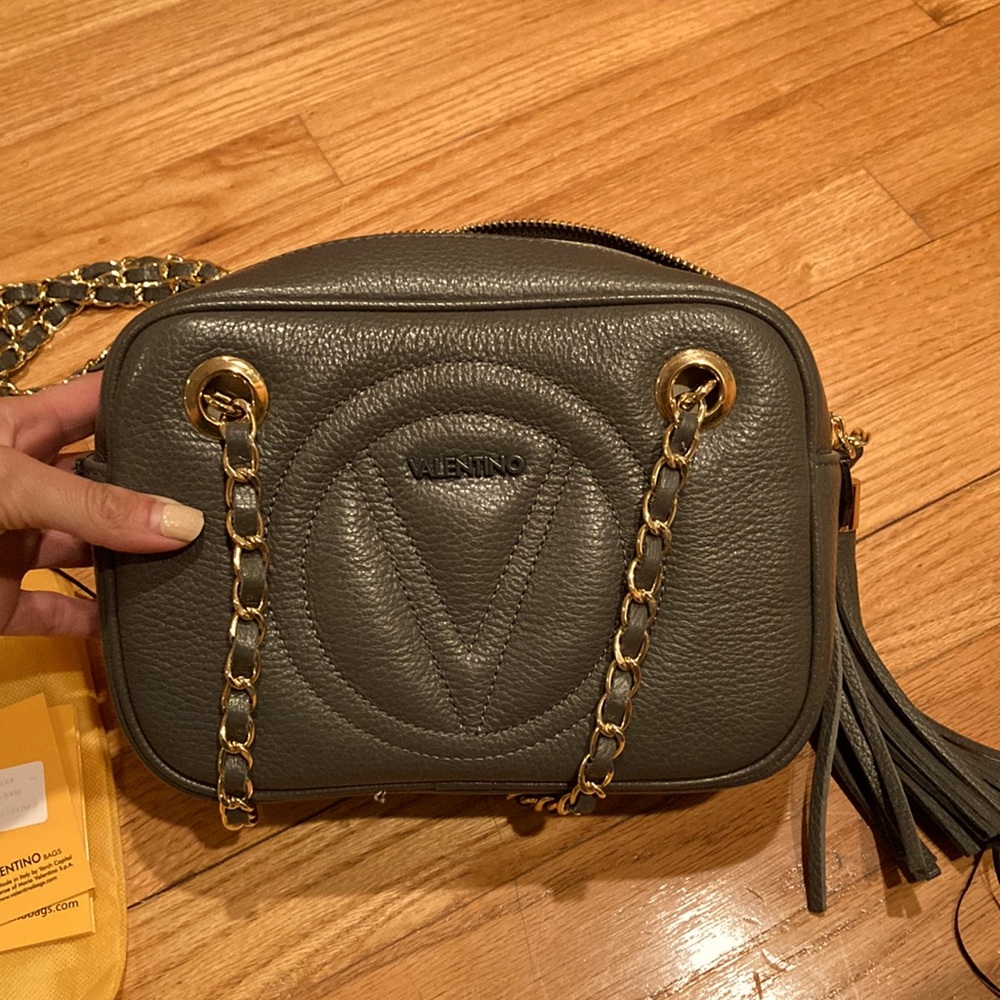 Valentino by Mario Valentino slate grey crossbody bag with gold chain straps
